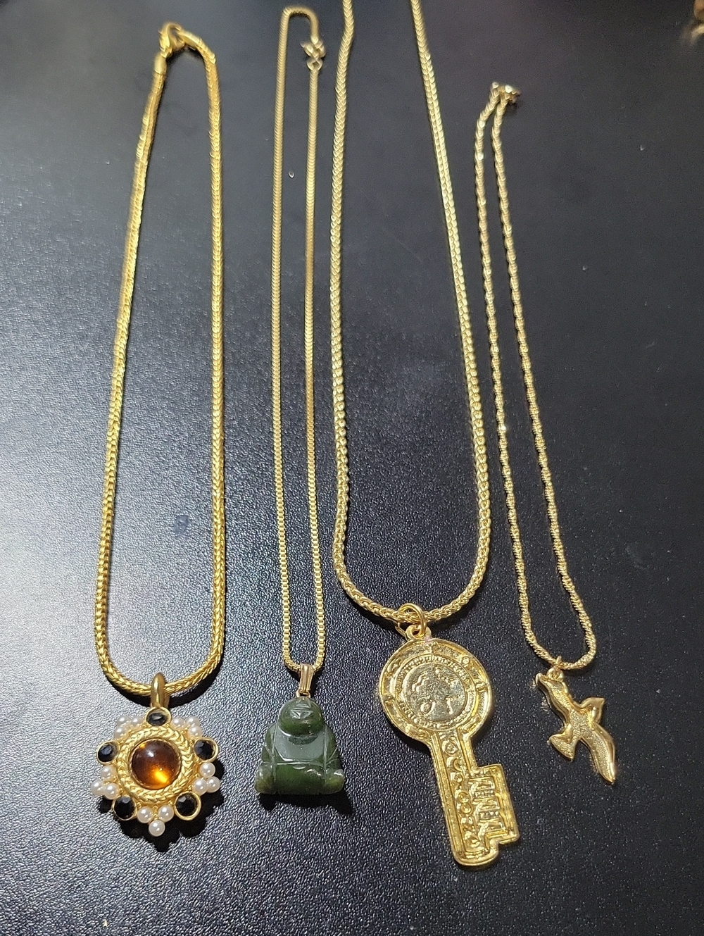 Gold-Tone Multi Pendant Necklace Set with Amber, Jade and Key Charms